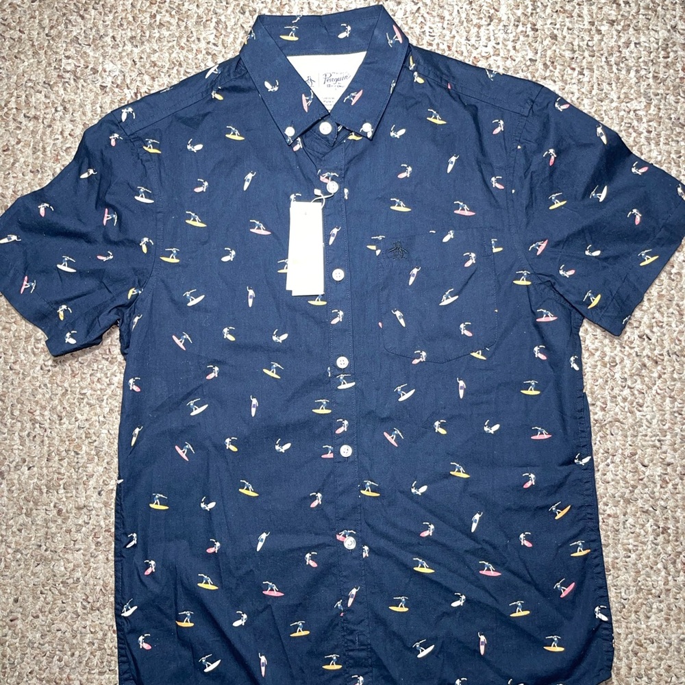 Original Penguin Men’s Small Surfer Print Button Down Shirt NWT Navy Blue
